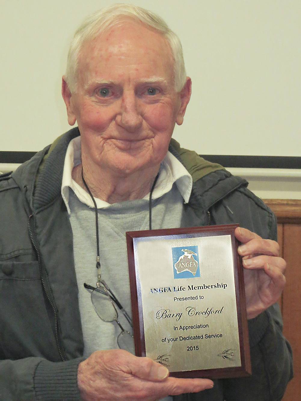 Barry Crockford receiving ANGFA National Life Membership, April 2015